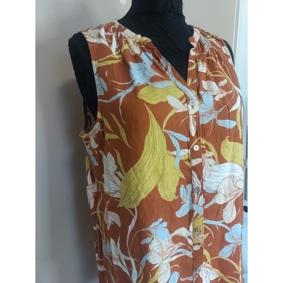 Cynthia Rowley Linen Blend Hawaiian Floral Print Button Up Sleeveless Top Size L - Picture 2 of 6